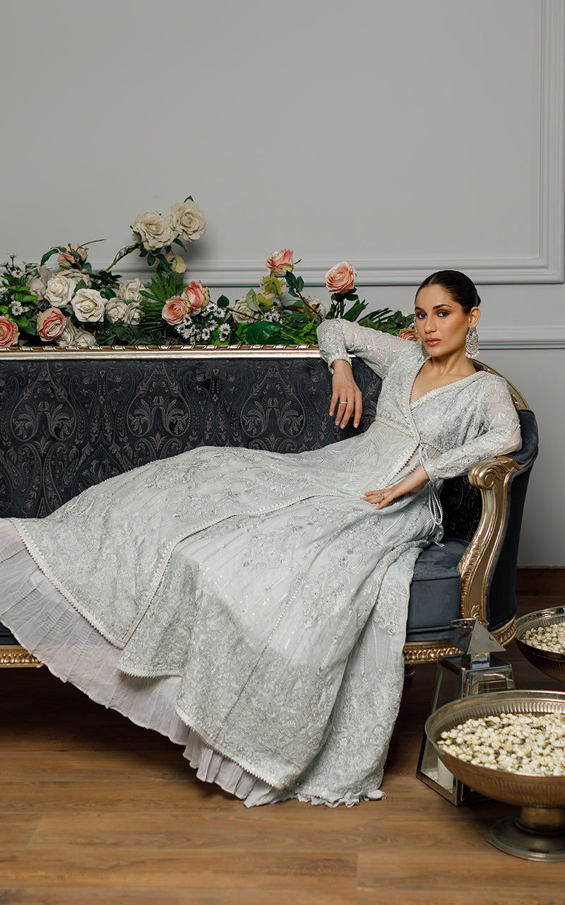 Pakistani Light Blue Embroidered Chiffon Angrakha Dress (2-Piece) - Image 2