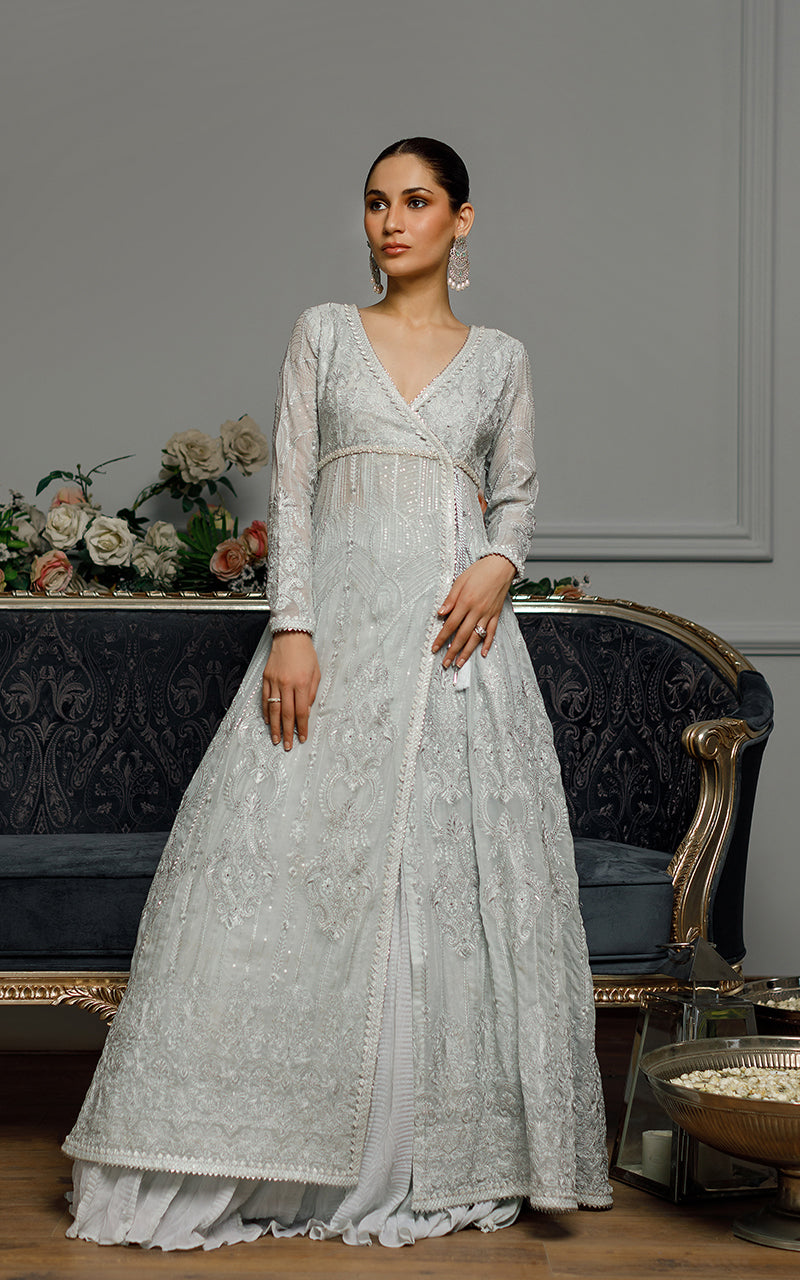 Pakistani Light Blue Embroidered Chiffon Angrakha Dress (2-Piece) - Image 3