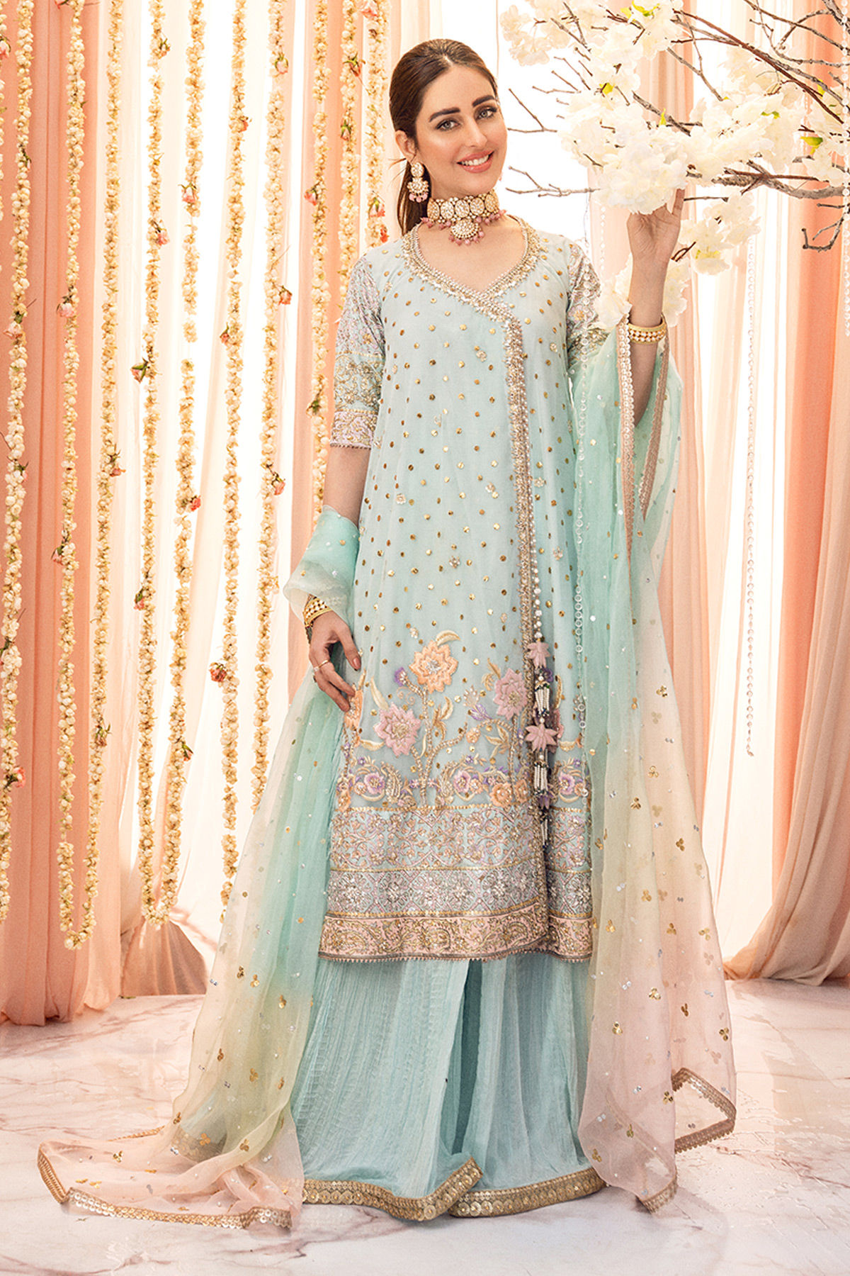 Pakistani Aqua Zardozi Kaamdani Crushed Silk Angharka (3-Piece) - Image 1