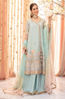 Pakistani Aqua Zardozi Kaamdani Crushed Silk Angharka (3-Piece) - Image 2