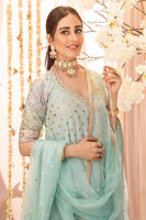 Pakistani Aqua Zardozi Kaamdani Crushed Silk Angharka (3-Piece) - Image 3