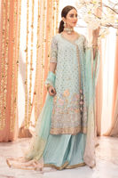 Pakistani Aqua Zardozi Kaamdani Crushed Silk Angharka (3-Piece) - Image 4