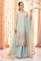 Pakistani Aqua Zardozi Kaamdani Crushed Silk Angharka (3-Piece) - Image 5