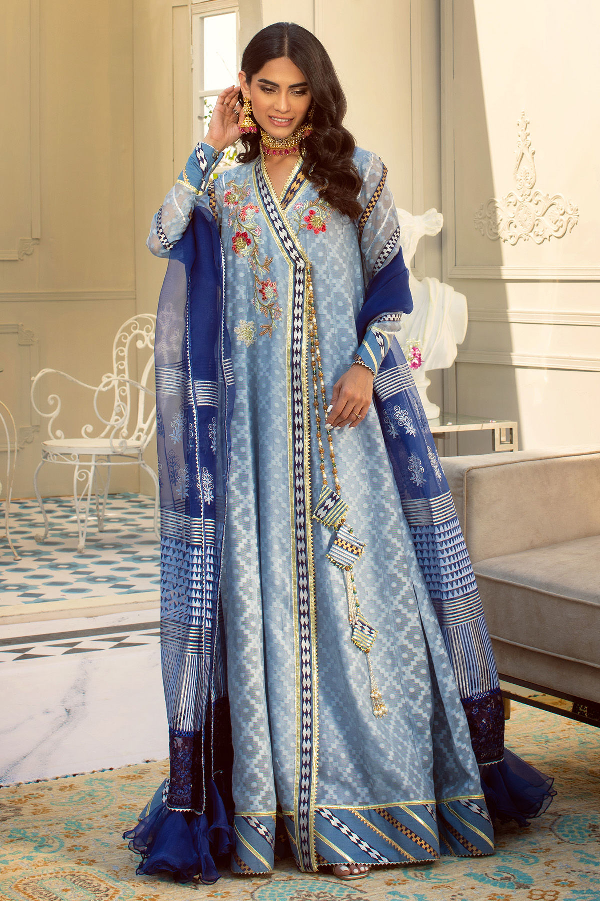 Lapis Blue Hand Block Printed Silk-Blend Angrakha (3-Piece) - Image 1