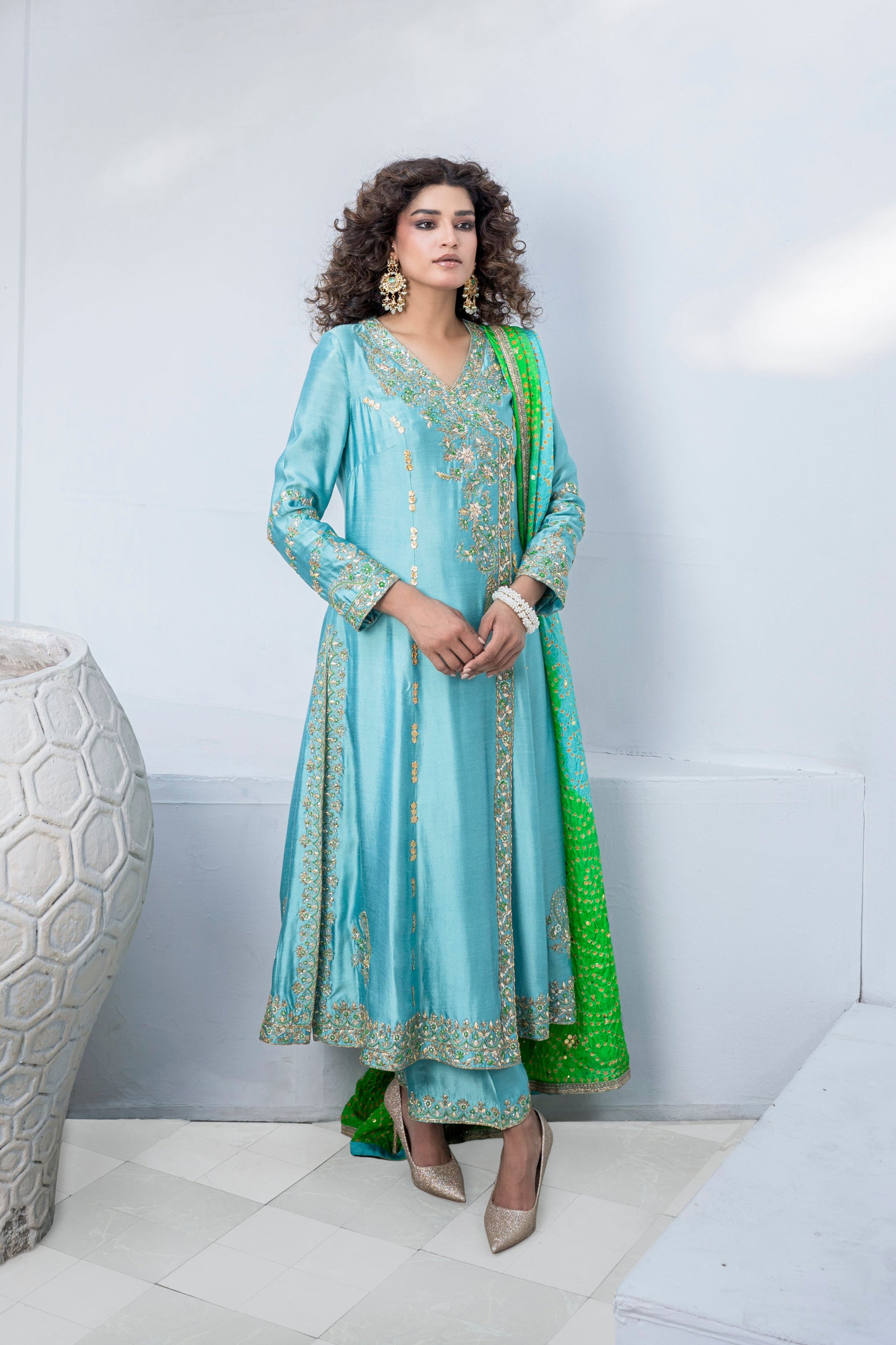 Aruba Blue Embellished Khaddi Silk Angrakha (3-Piece) - Image 1