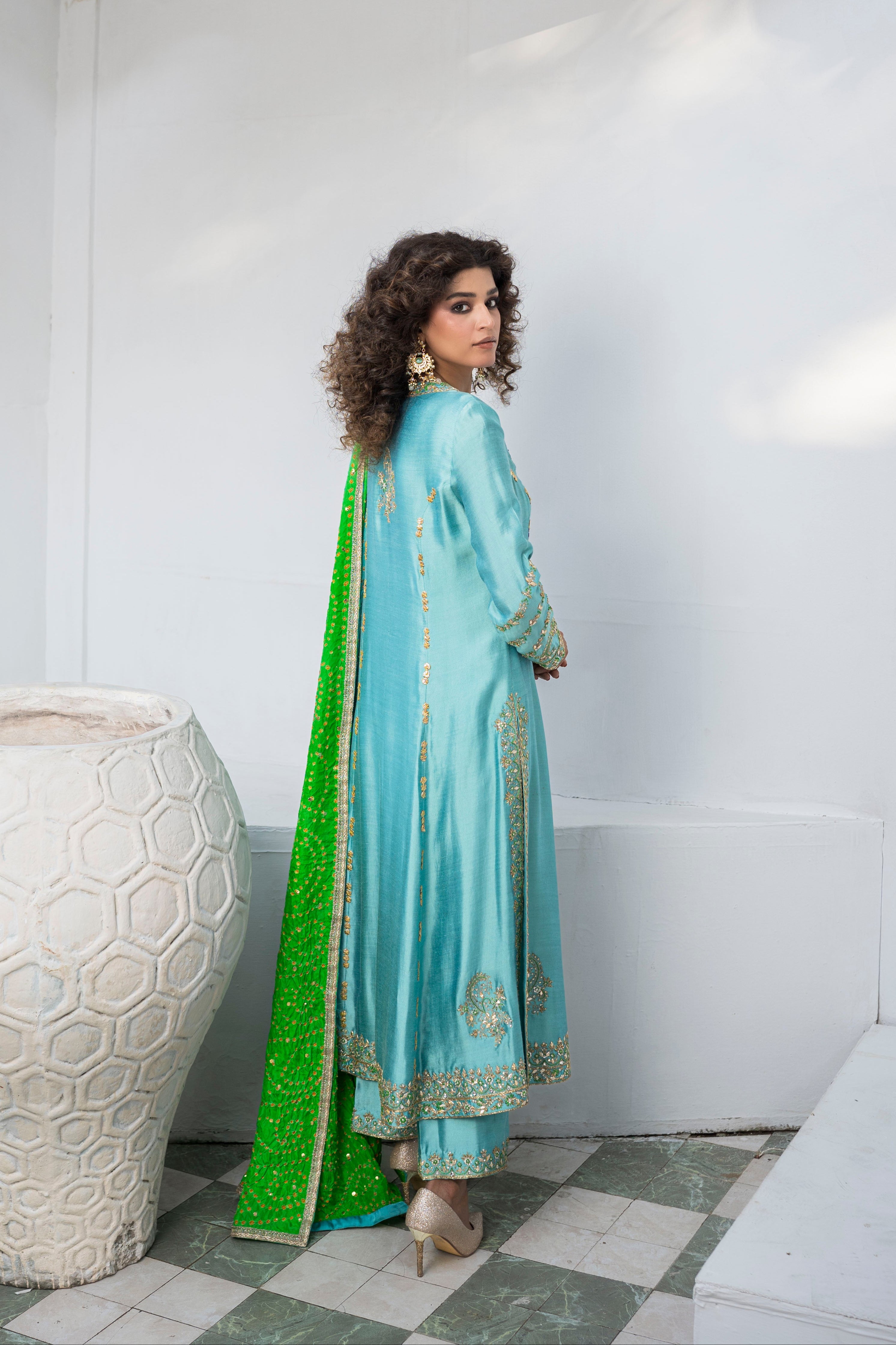 Aruba Blue Embellished Khaddi Silk Angrakha (3-Piece) - Image 2