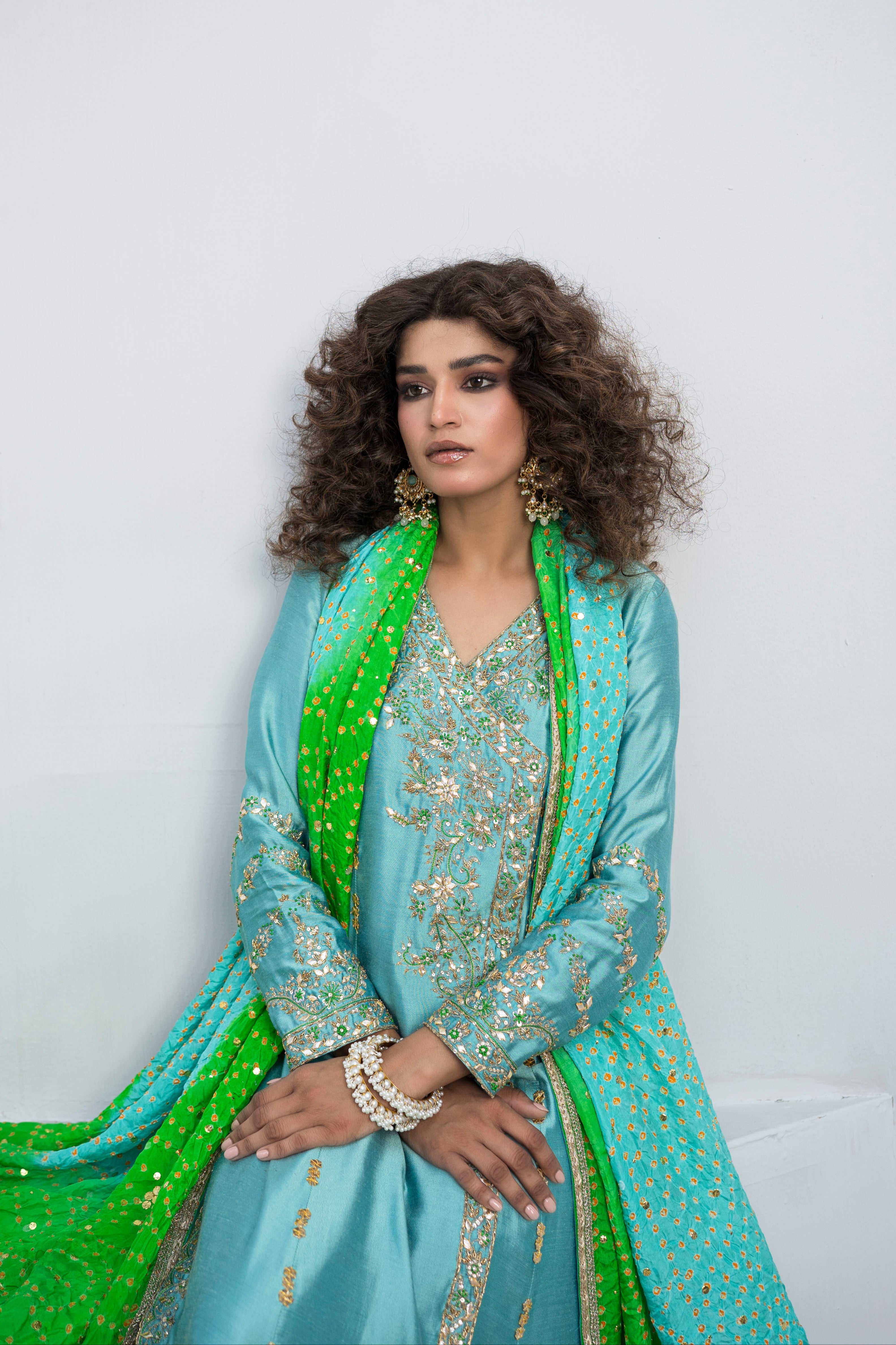 Aruba Blue Embellished Khaddi Silk Angrakha (3-Piece) - Image 3