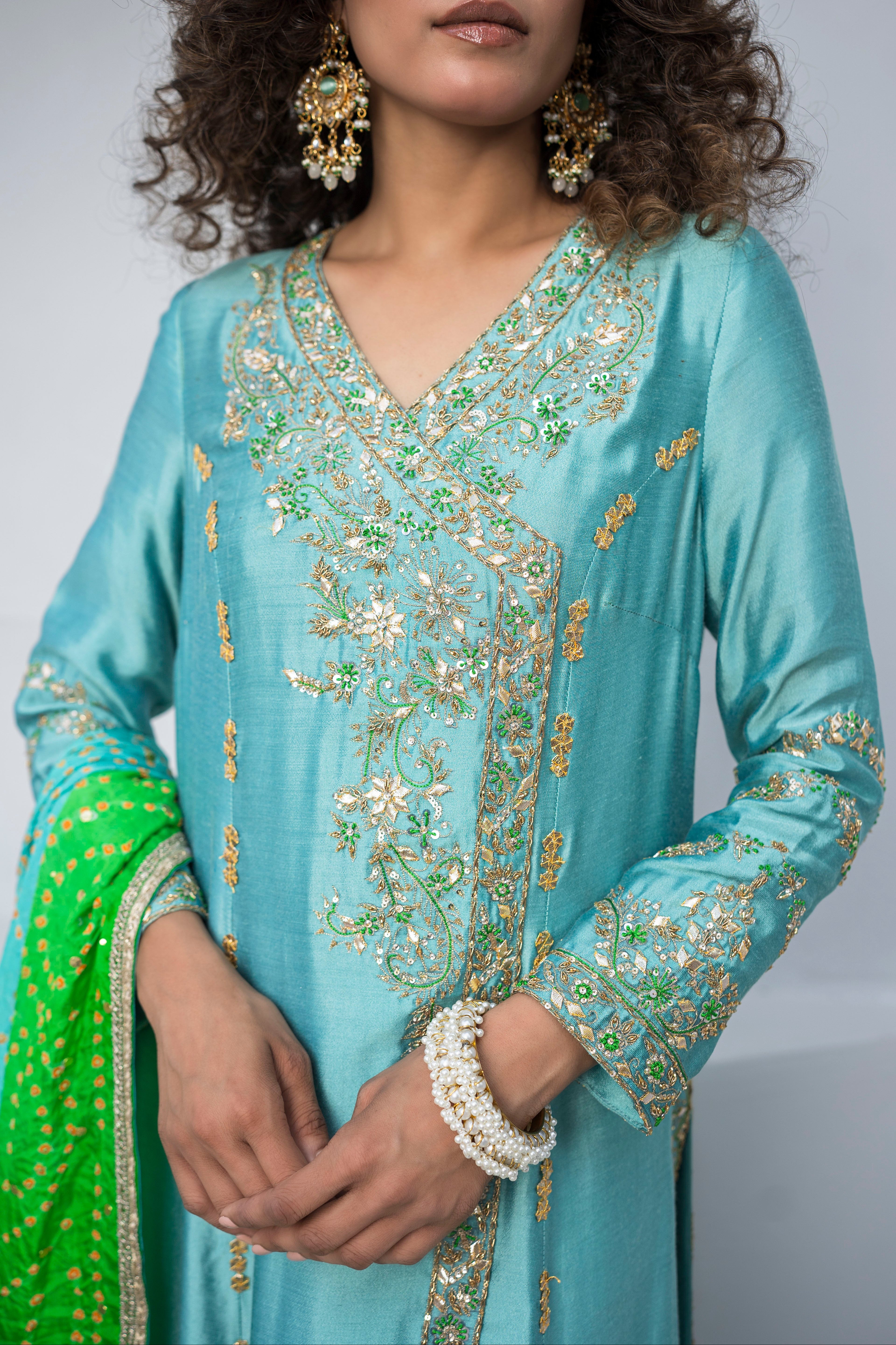 Aruba Blue Embellished Khaddi Silk Angrakha (3-Piece) - Image 4