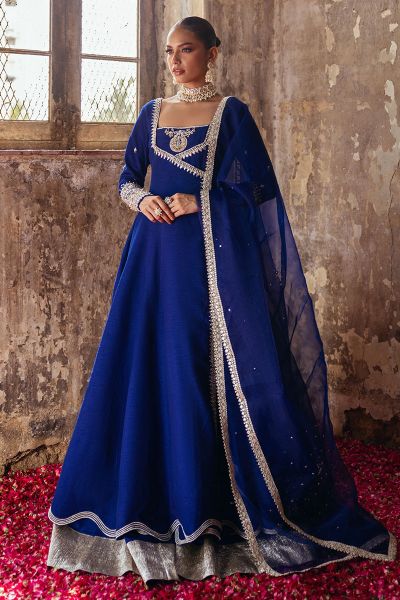 Pakistani Lapis Blue Gotta & Lappa Korean Silk Angrakha (3-Piece) - Image 1