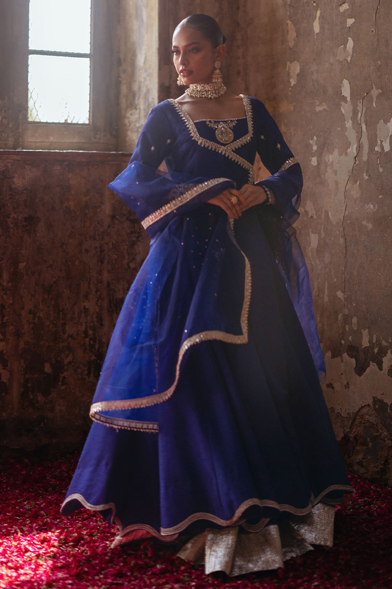 Pakistani Lapis Blue Gotta & Lappa Korean Silk Angrakha (3-Piece) - Image 3