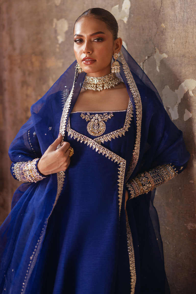 Pakistani Lapis Blue Gotta & Lappa Korean Silk Angrakha (3-Piece) - Image 4