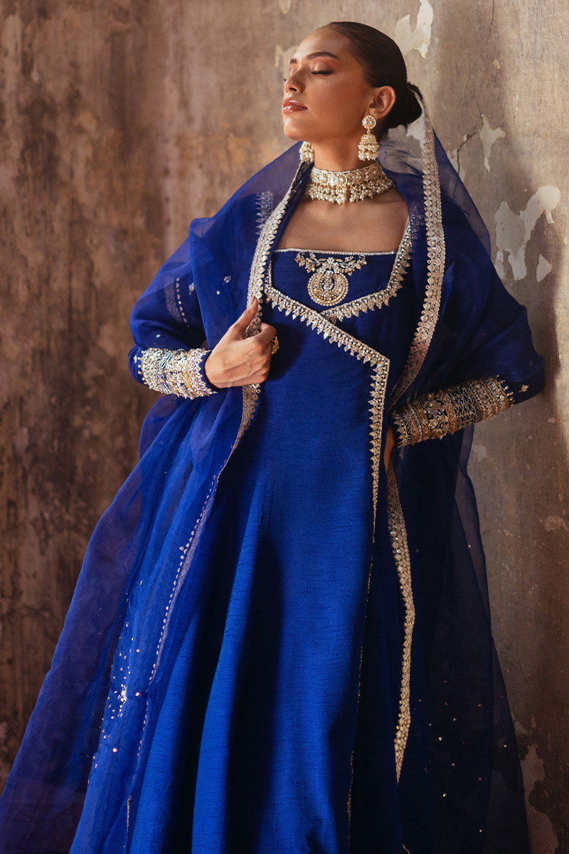 Pakistani Lapis Blue Gotta & Lappa Korean Silk Angrakha (3-Piece) - Image 5