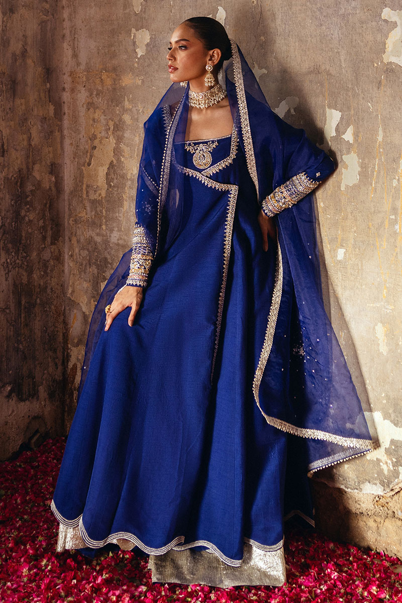 Pakistani Lapis Blue Gotta & Lappa Korean Silk Angrakha (3-Piece) - Image 6