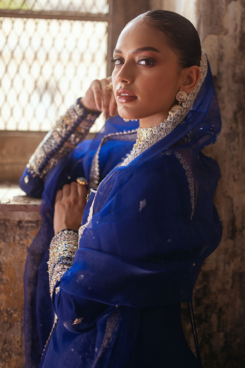 Pakistani Lapis Blue Gotta & Lappa Korean Silk Angrakha (3-Piece) - Image 7