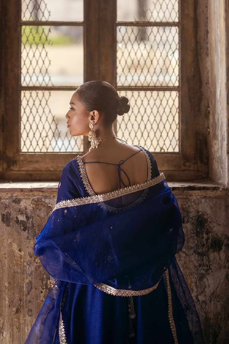 Pakistani Lapis Blue Gotta & Lappa Korean Silk Angrakha (3-Piece) - Image 8