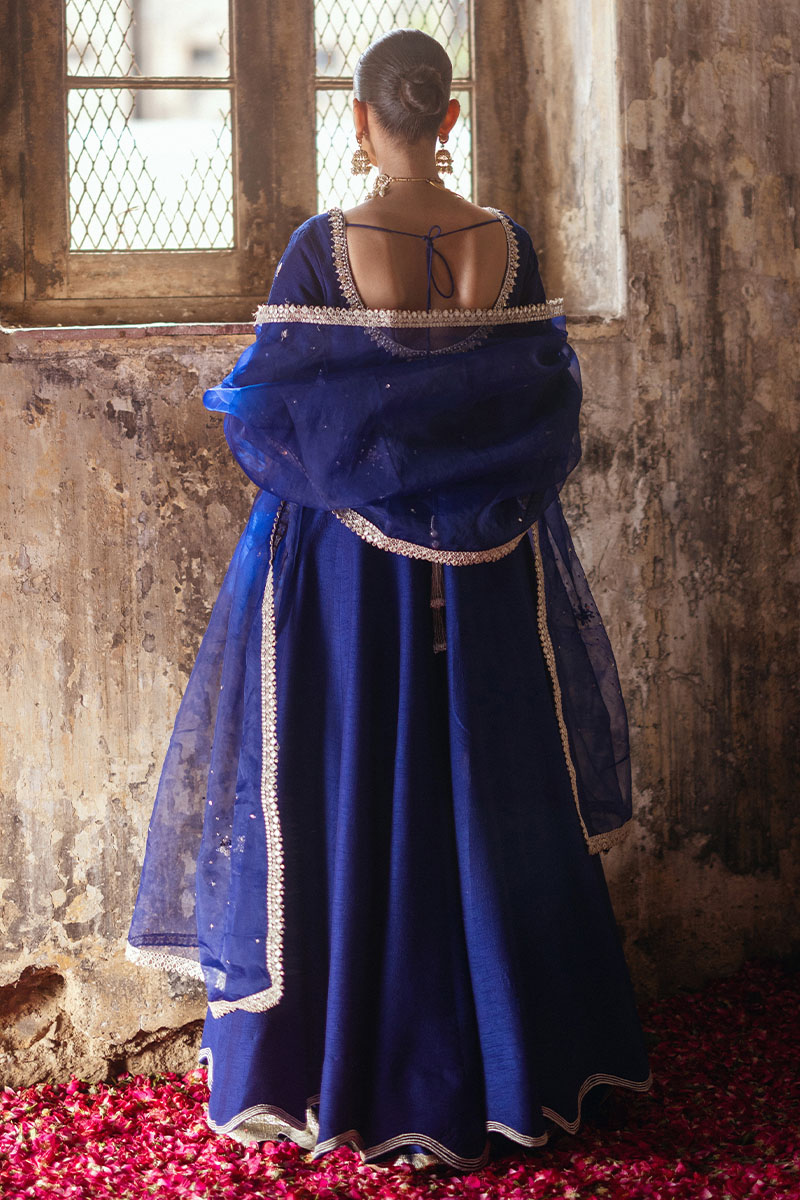 Pakistani Lapis Blue Gotta & Lappa Korean Silk Angrakha (3-Piece) - Image 9