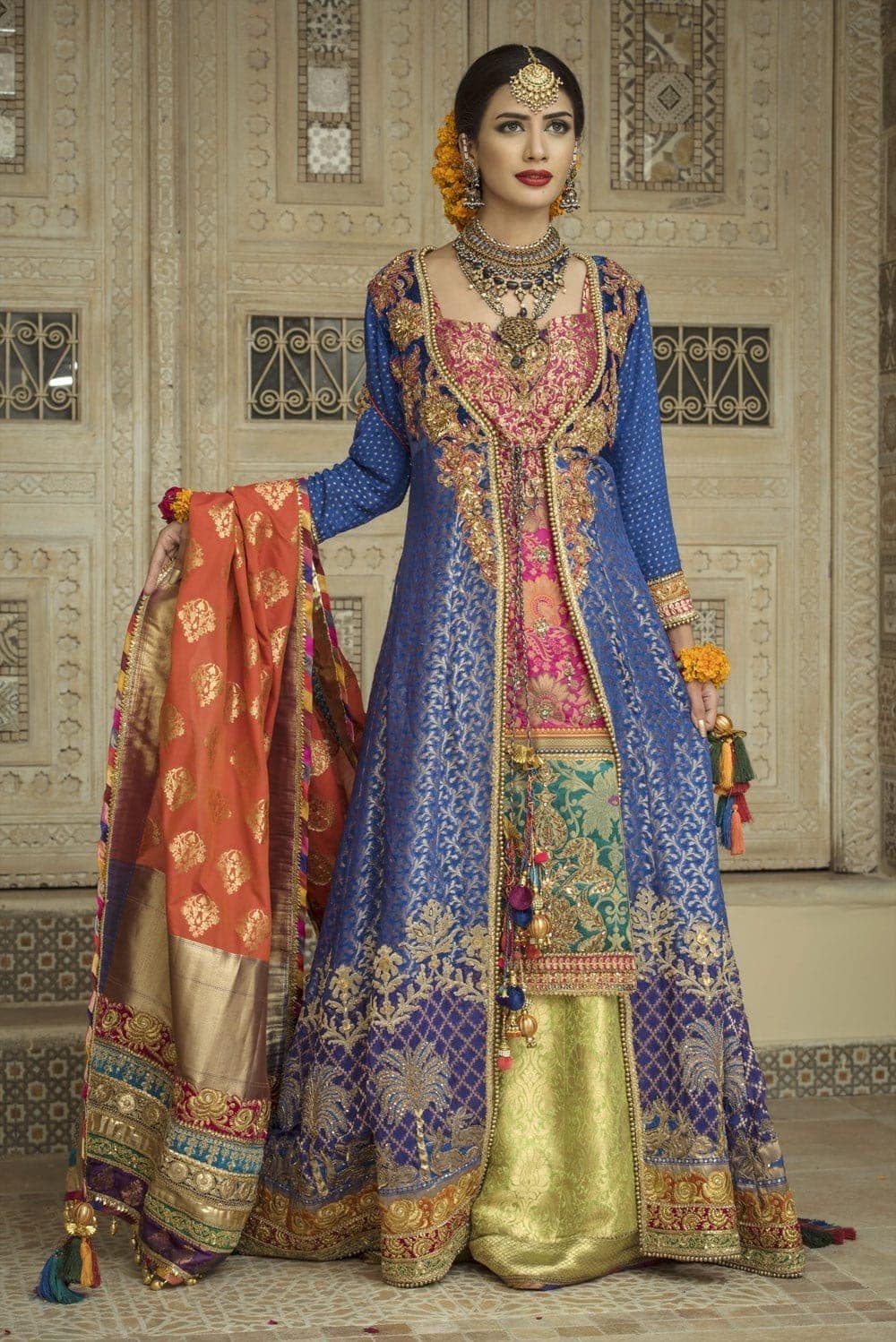 Royal Blue Kundan Zari Angrakha Dress (3-Piece) - Image 1