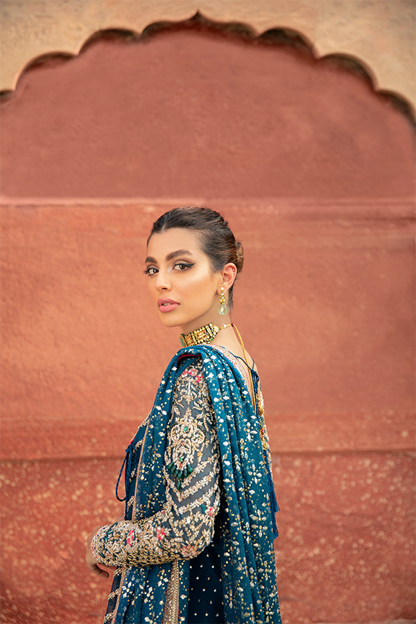 Azure Blue Embroidered Net Organza Angrakha (3-Piece) - Image 2