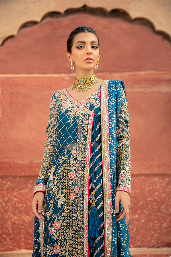 Azure Blue Embroidered Net Organza Angrakha (3-Piece) - Image 3