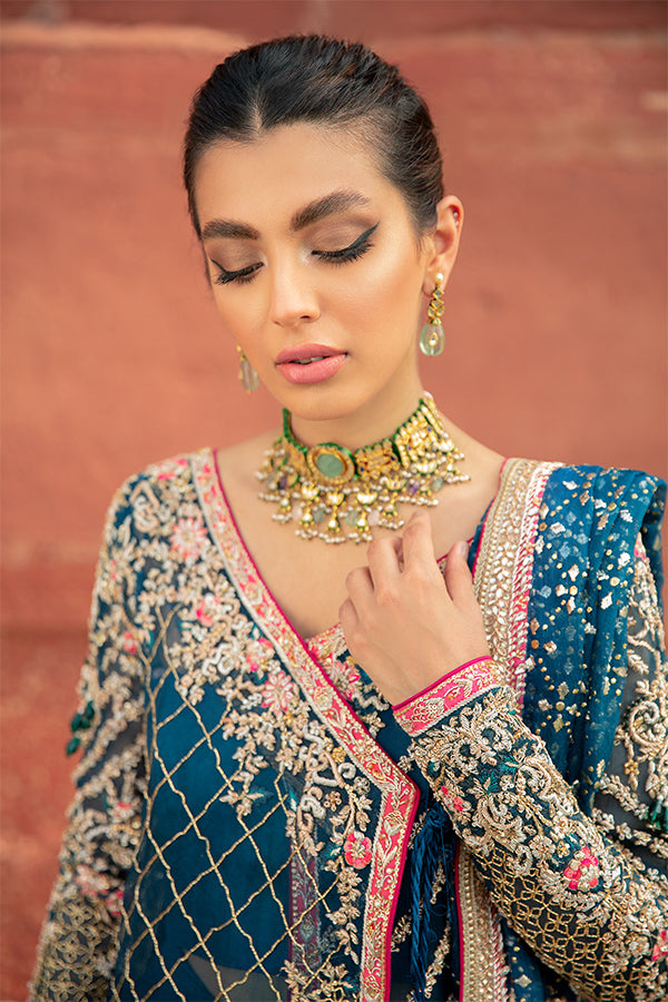 Azure Blue Embroidered Net Organza Angrakha (3-Piece) - Image 5