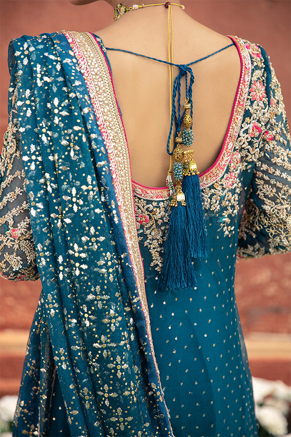 Azure Blue Embroidered Net Organza Angrakha (3-Piece) - Image 6