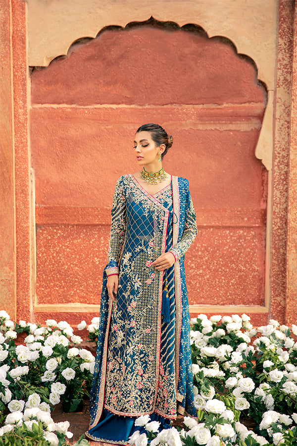 Azure Blue Embroidered Net Organza Angrakha (3-Piece) - Image 7