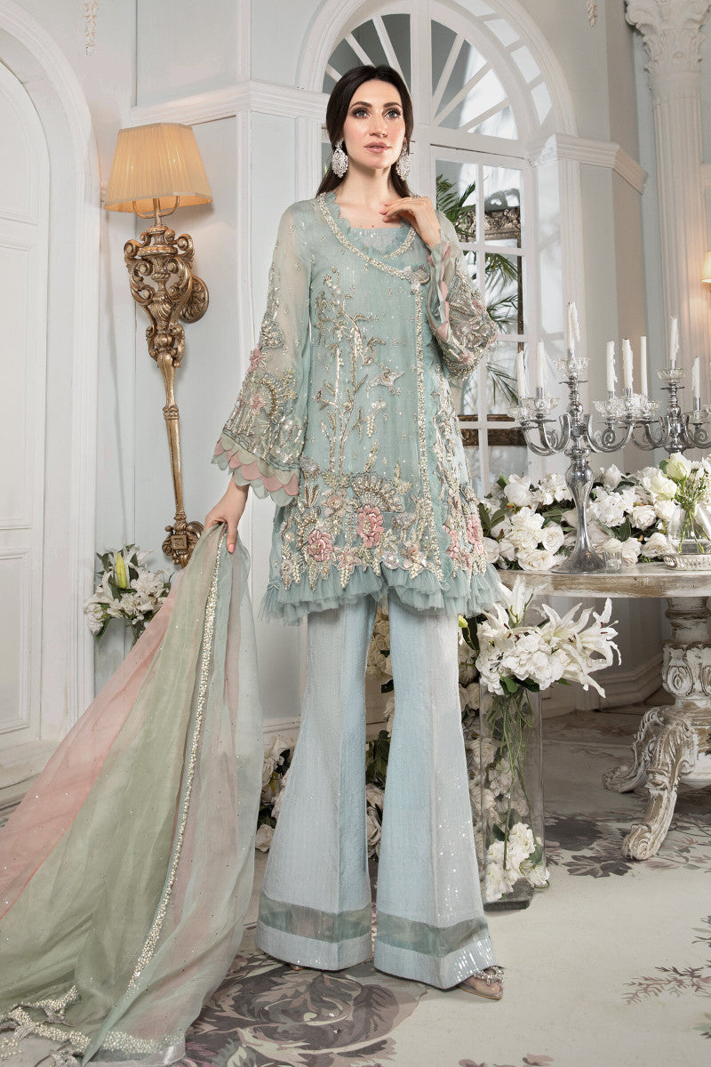 Ice Blue Embroidered Pure Organza Angrakha (4-Piece) - Image 1