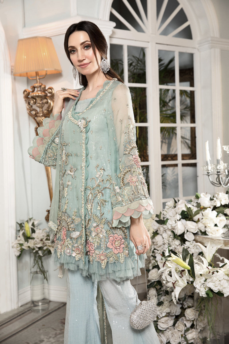 Ice Blue Embroidered Pure Organza Angrakha (4-Piece) - Image 3