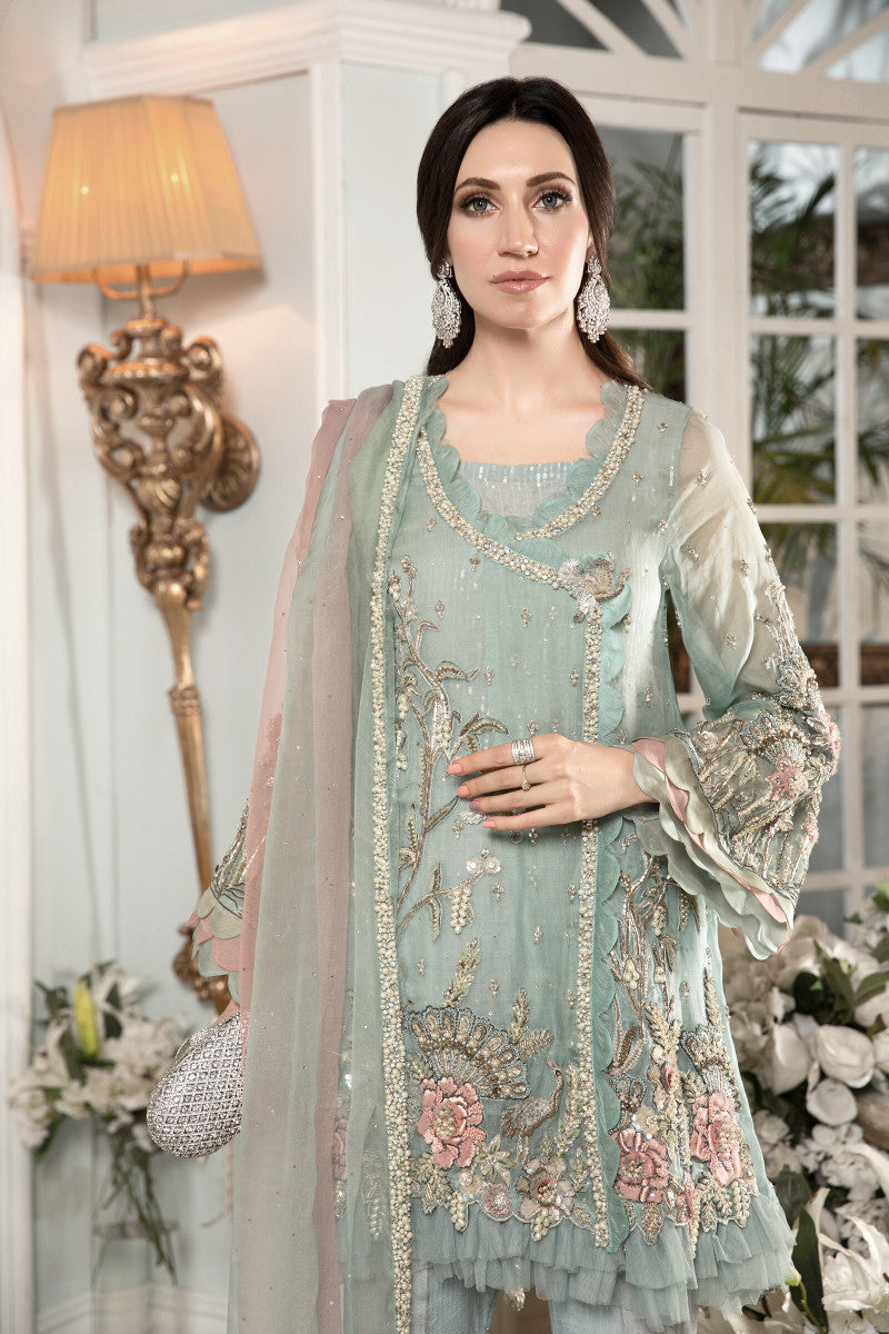 Ice Blue Embroidered Pure Organza Angrakha (4-Piece) - Image 5