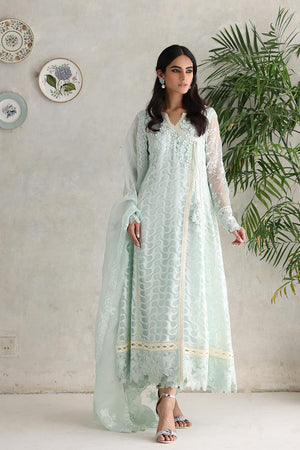 Pakistani Sky Blue 3D Floral Organza Angharka (3-Piece) - Image 2