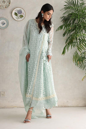 Pakistani Sky Blue 3D Floral Organza Angharka (3-Piece) - Image 3