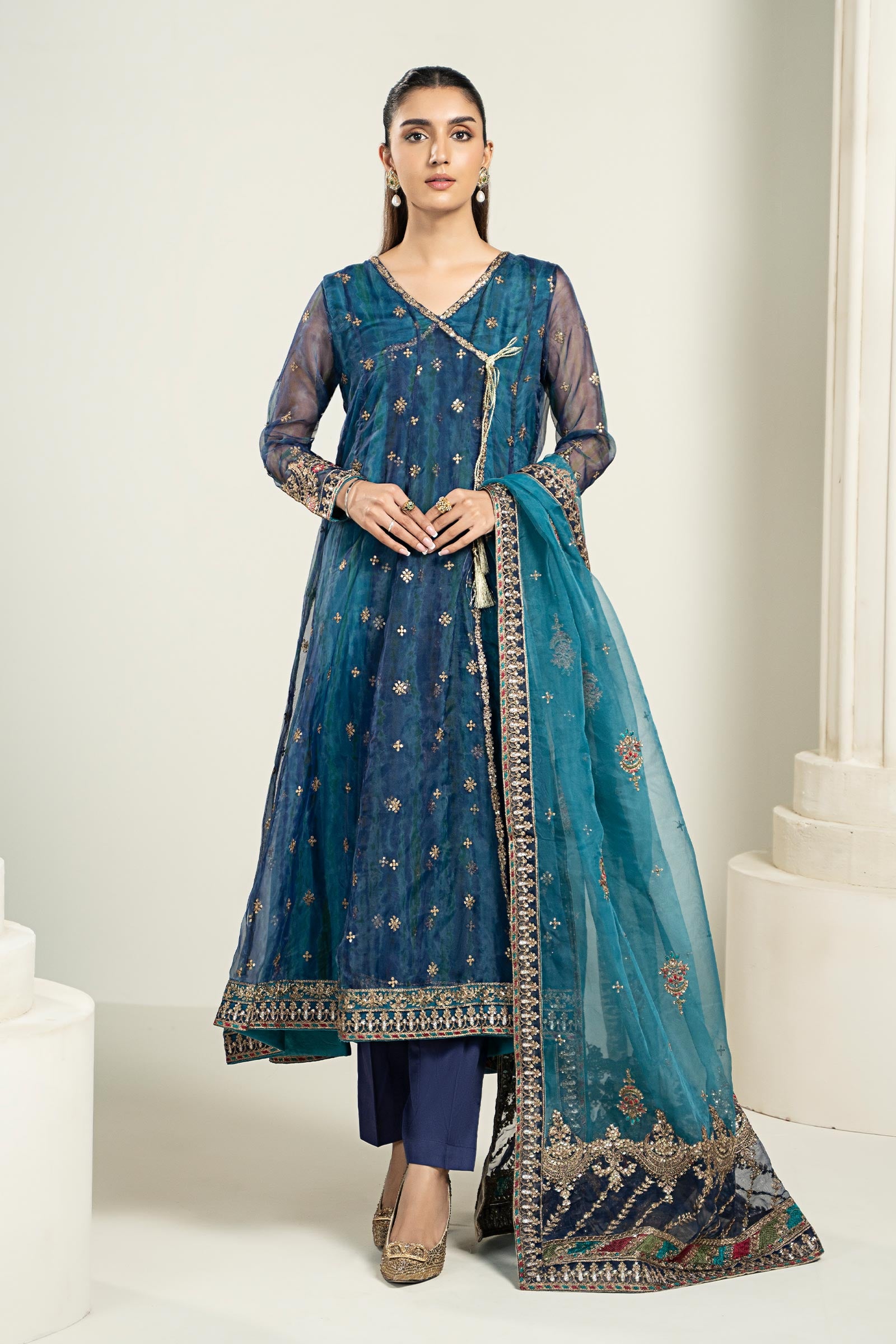 Pakistani Teal Blue Embroidered Organza Angrakha Frock (3-Piece) - Image 1