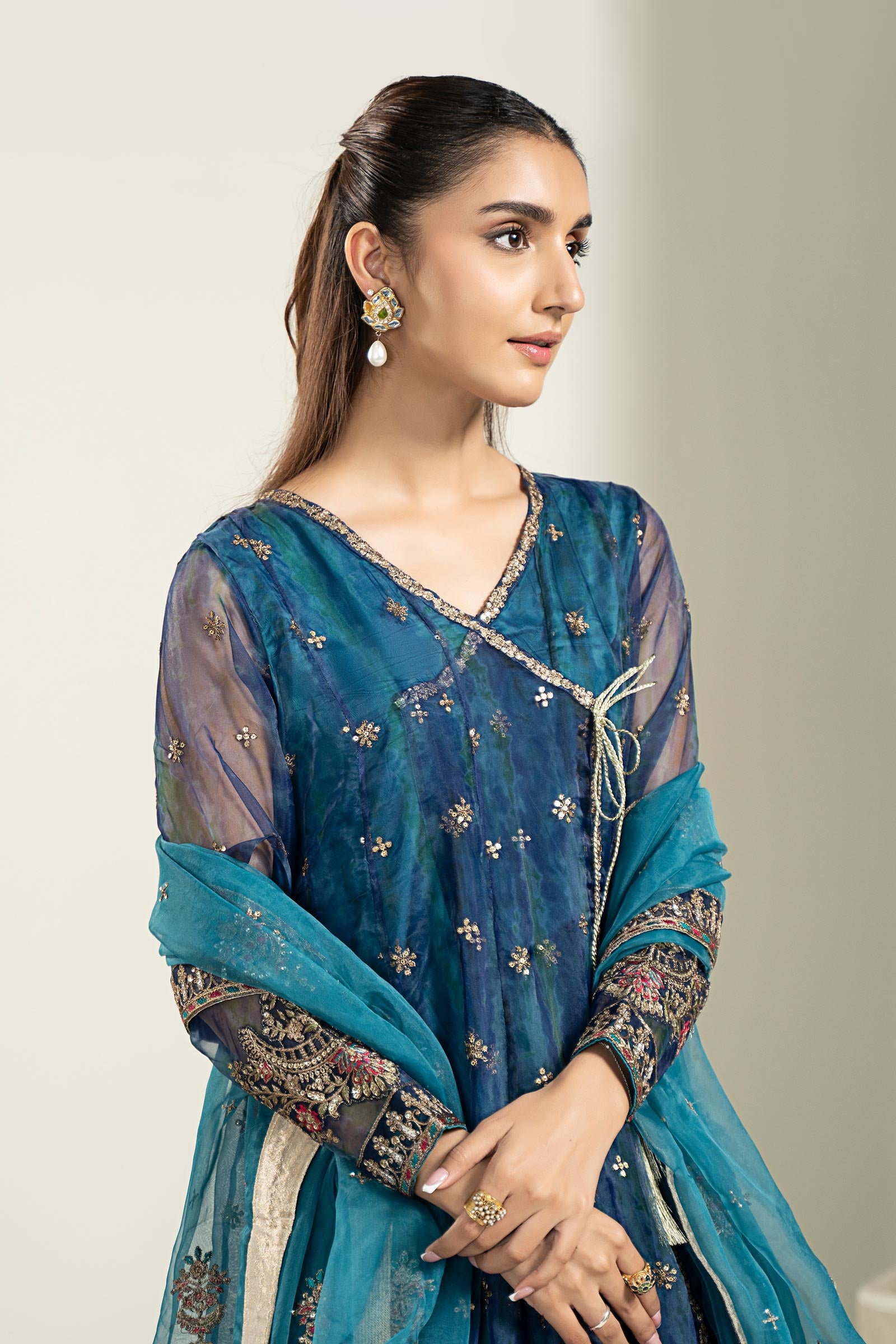 Pakistani Teal Blue Embroidered Organza Angrakha Frock (3-Piece) - Image 2