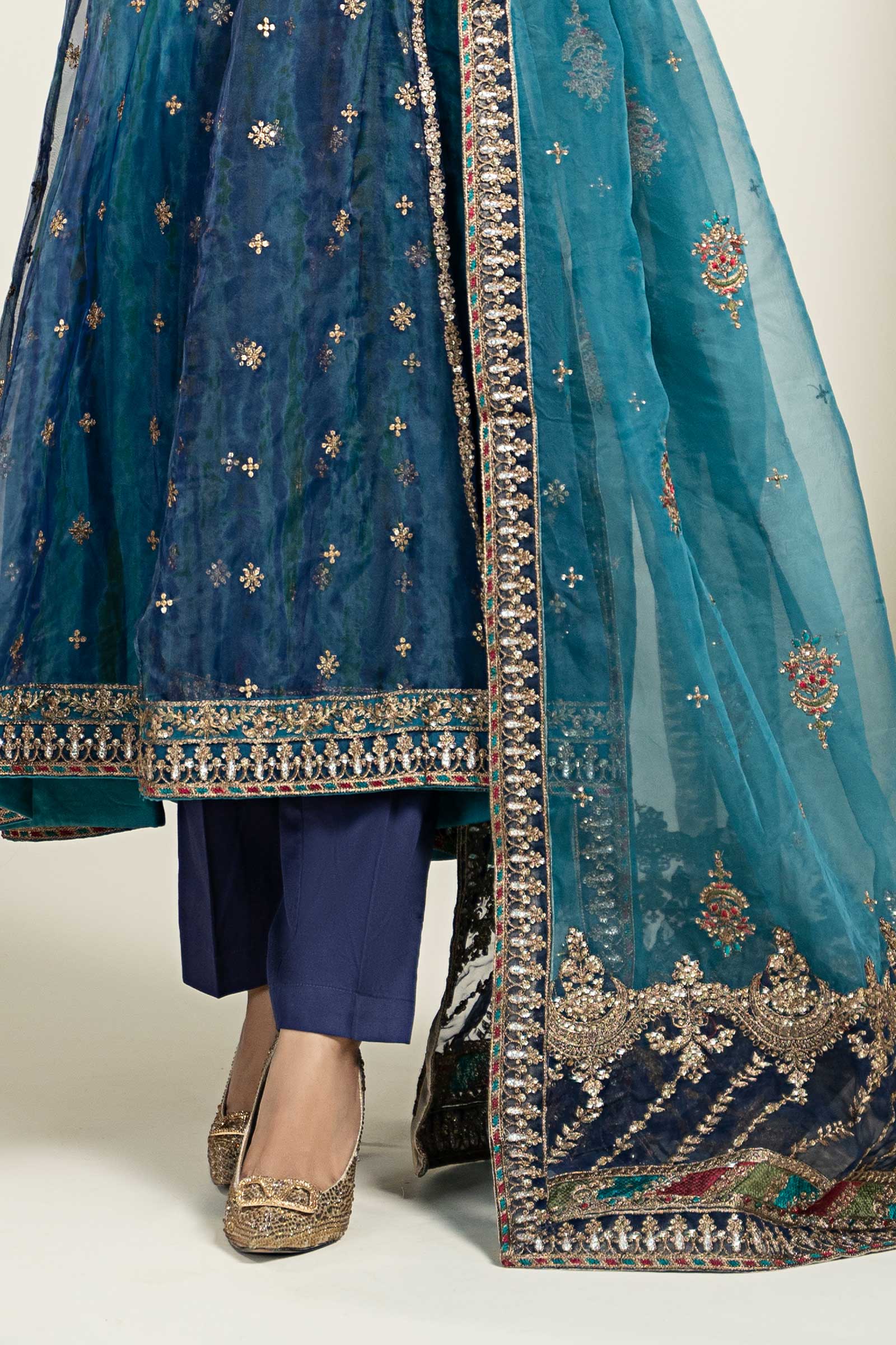 Pakistani Teal Blue Embroidered Organza Angrakha Frock (3-Piece) - Image 3
