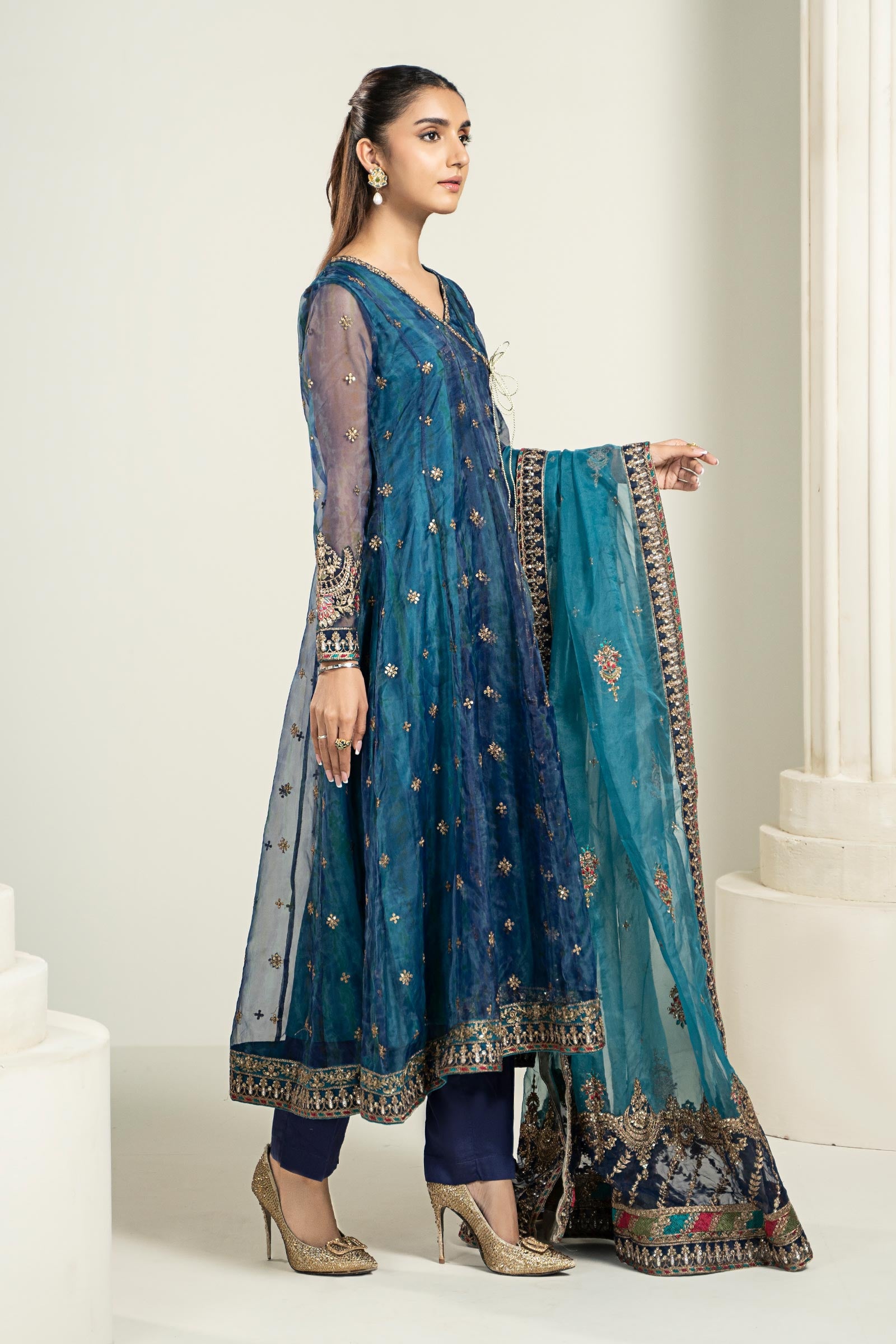 Pakistani Teal Blue Embroidered Organza Angrakha Frock (3-Piece) - Image 4