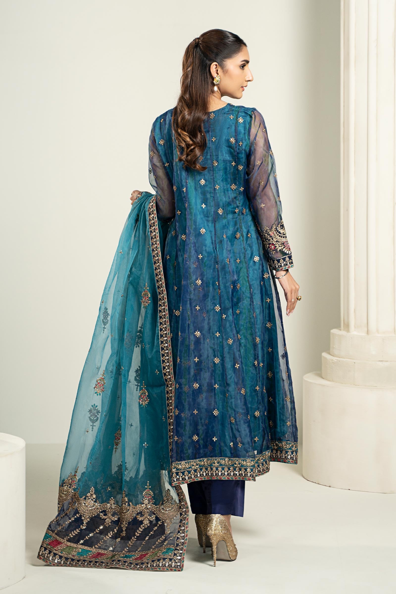 Pakistani Teal Blue Embroidered Organza Angrakha Frock (3-Piece) - Image 5