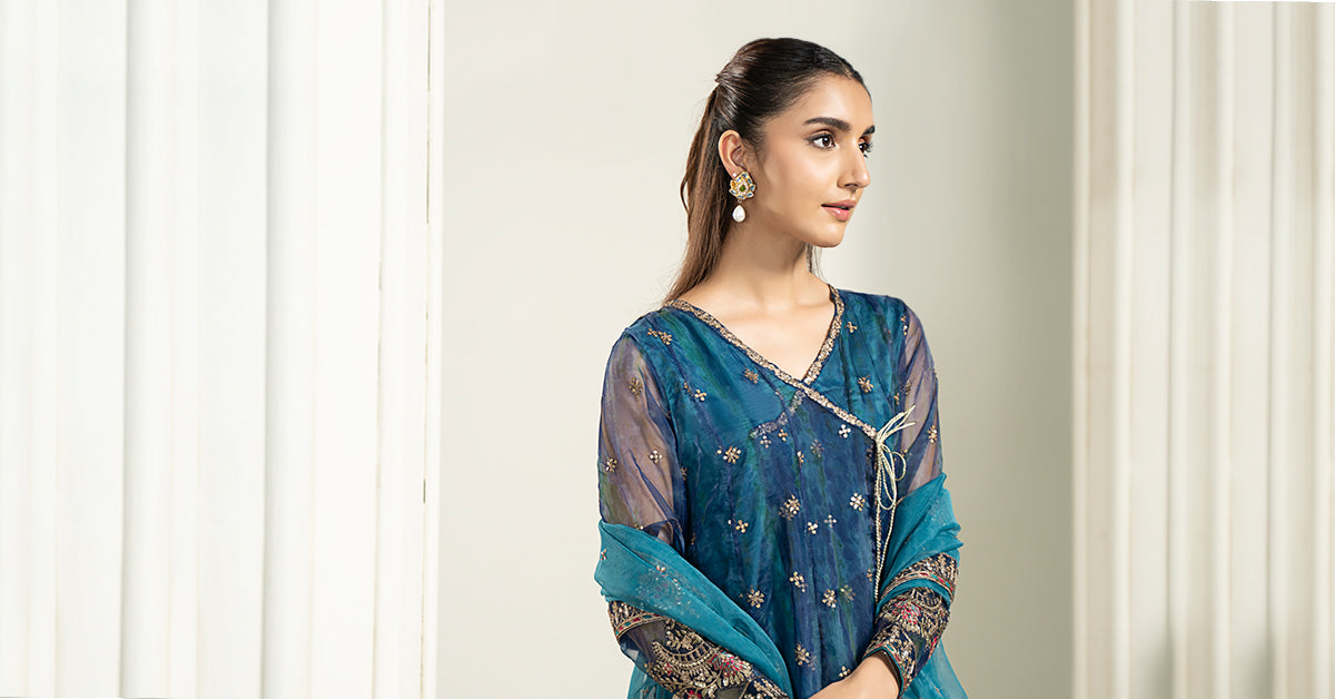 Pakistani Teal Blue Embroidered Organza Angrakha Frock (3-Piece) - Image 6