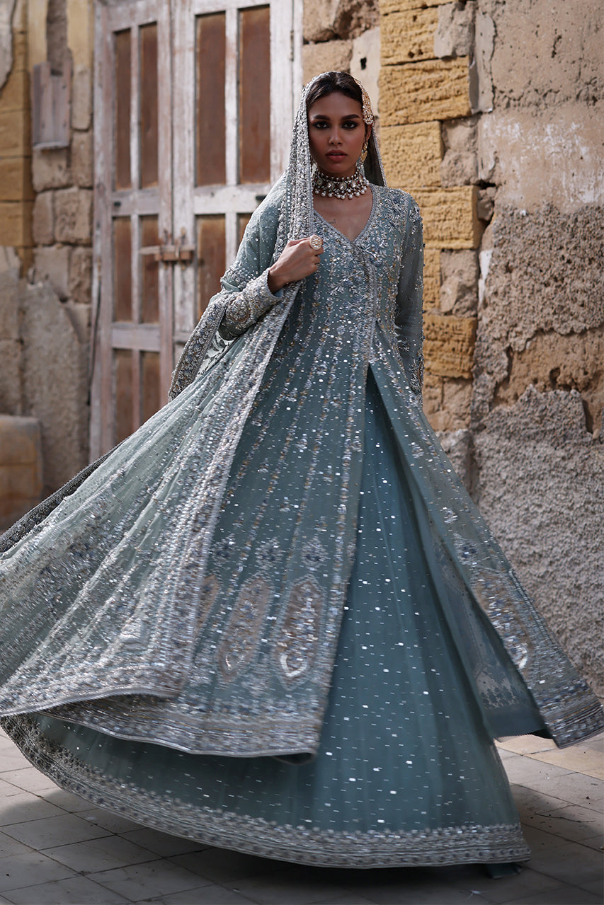 Indian Old Blue Zardozi Organza Angrakha Bridal Dress (3-Piece) - Image 1