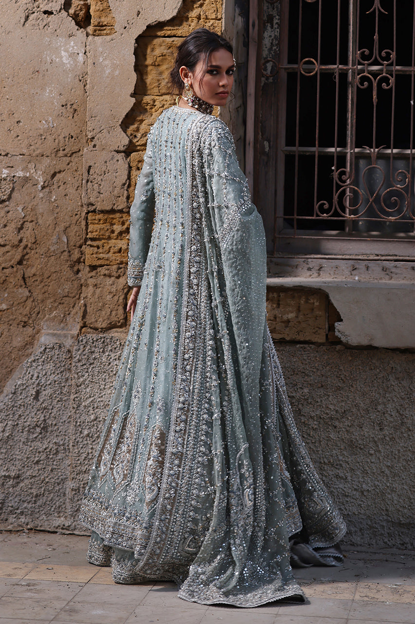 Indian Old Blue Zardozi Organza Angrakha Bridal Dress (3-Piece) - Image 2