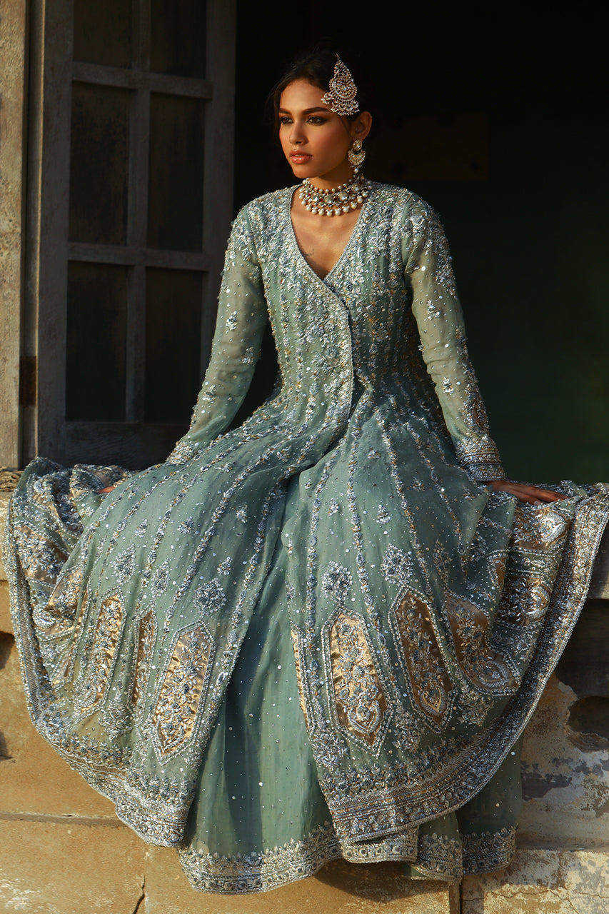 Indian Old Blue Zardozi Organza Angrakha Bridal Dress (3-Piece) - Image 3