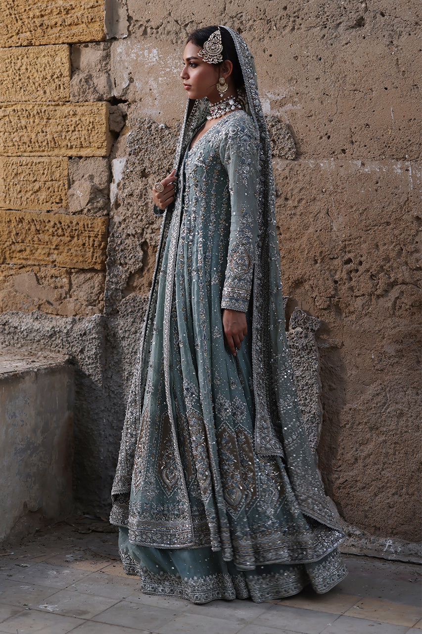 Indian Old Blue Zardozi Organza Angrakha Bridal Dress (3-Piece) - Image 5