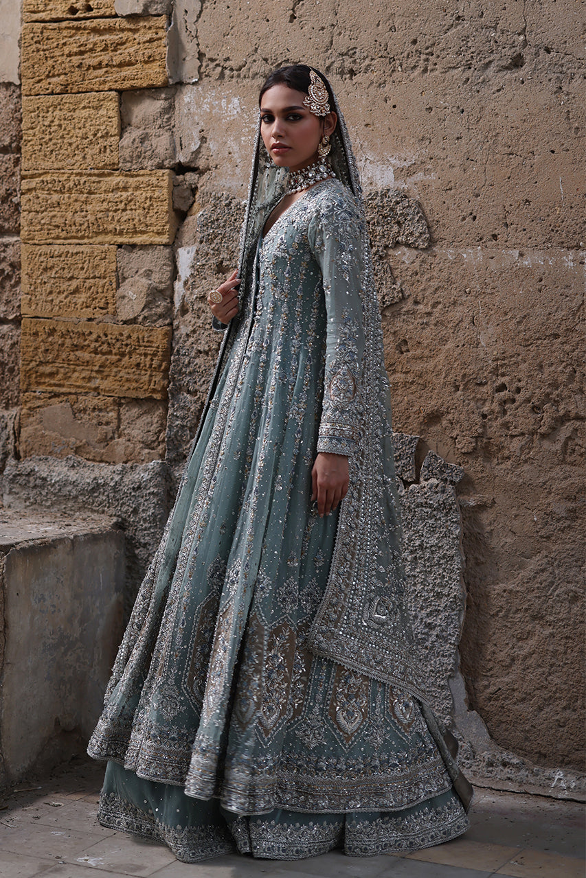 Indian Old Blue Zardozi Organza Angrakha Bridal Dress (3-Piece) - Image 6