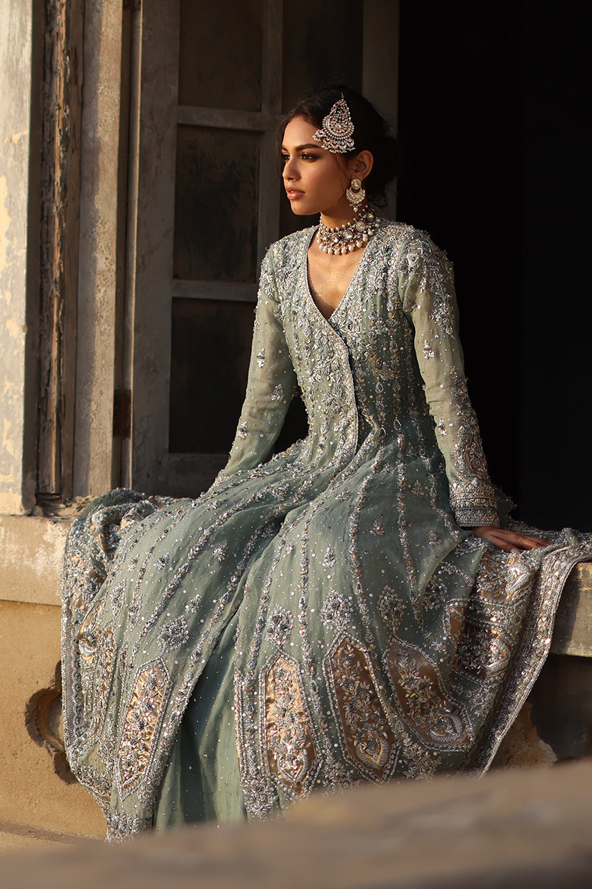 Indian Old Blue Zardozi Organza Angrakha Bridal Dress (3-Piece) - Image 7