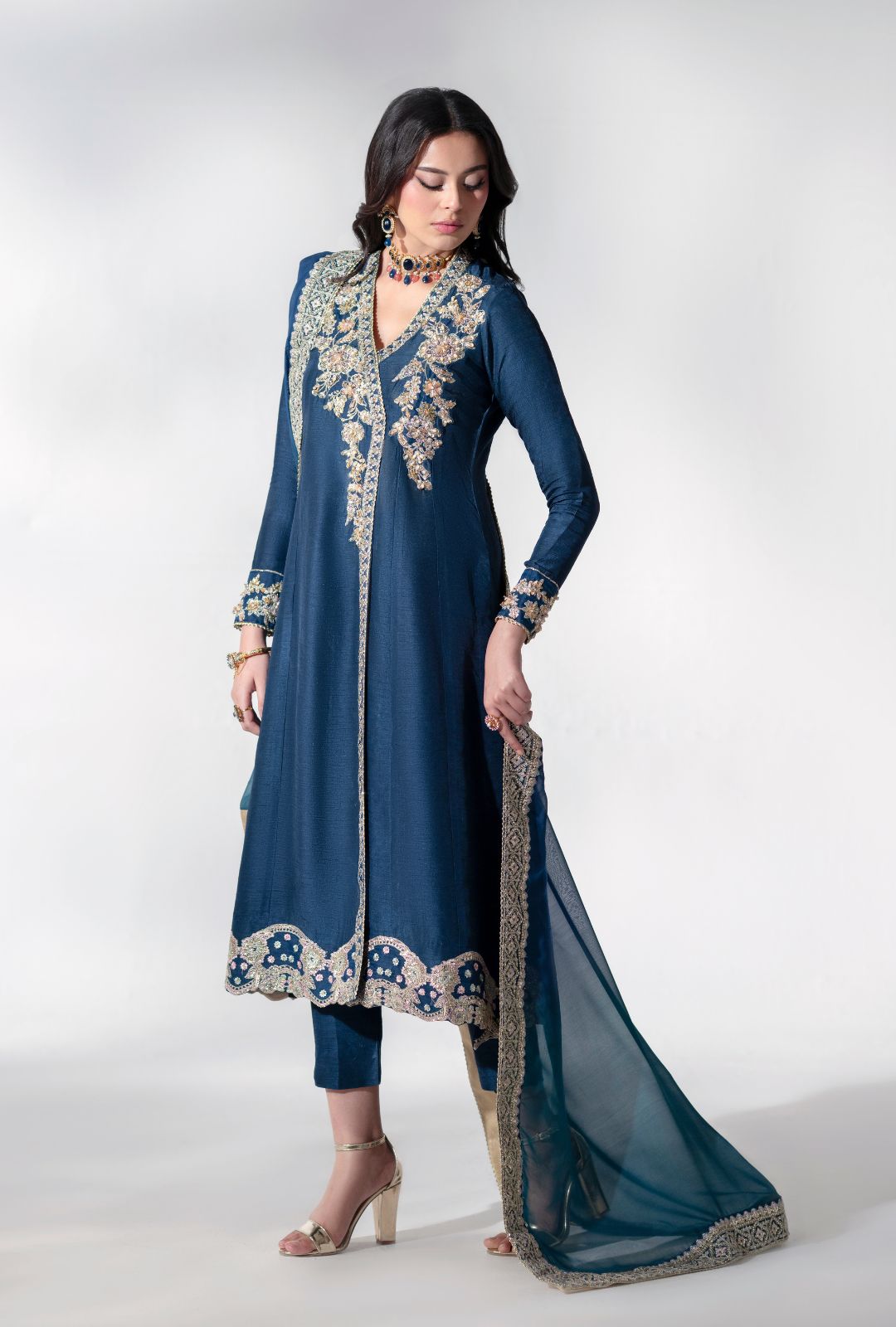 Deep Blue Embroidered Korean Raw Silk Angrakha (3-Piece) - Image 1