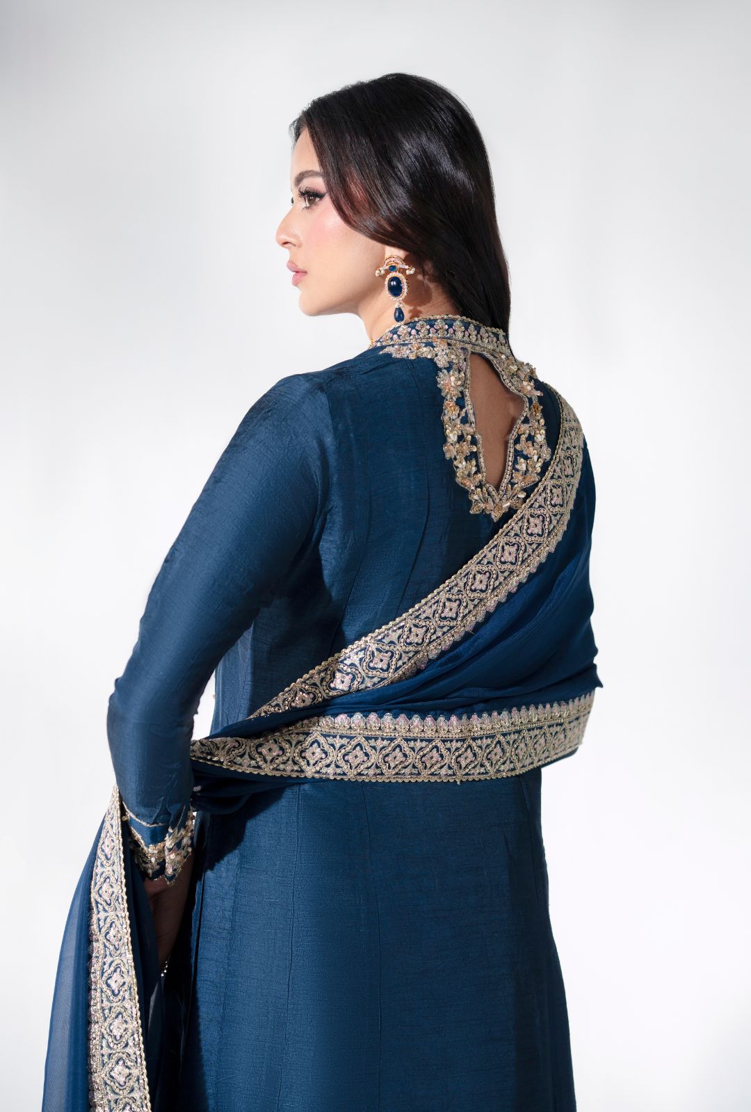 Deep Blue Embroidered Korean Raw Silk Angrakha (3-Piece) - Image 4