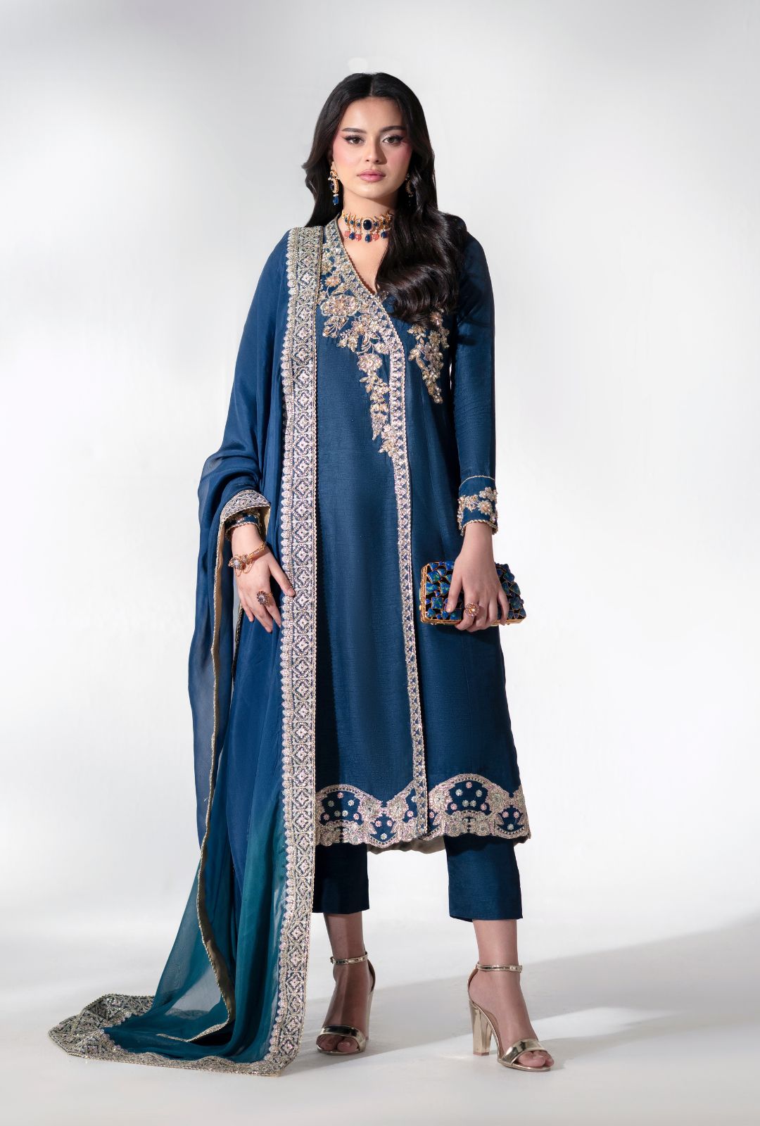 Deep Blue Embroidered Korean Raw Silk Angrakha (3-Piece) - Image 5
