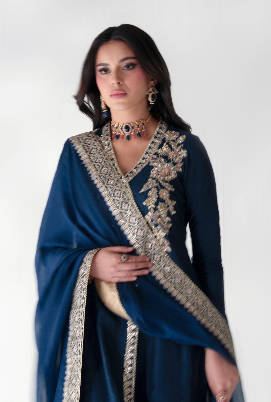 Deep Blue Embroidered Korean Raw Silk Angrakha (3-Piece) - Image 6