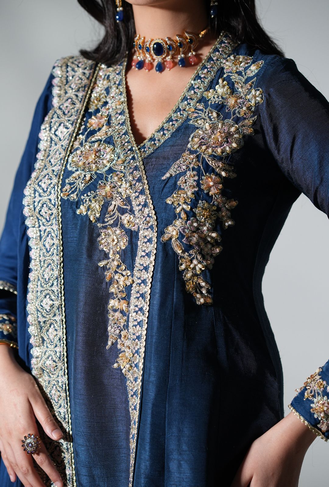 Deep Blue Embroidered Korean Raw Silk Angrakha (3-Piece) - Image 7