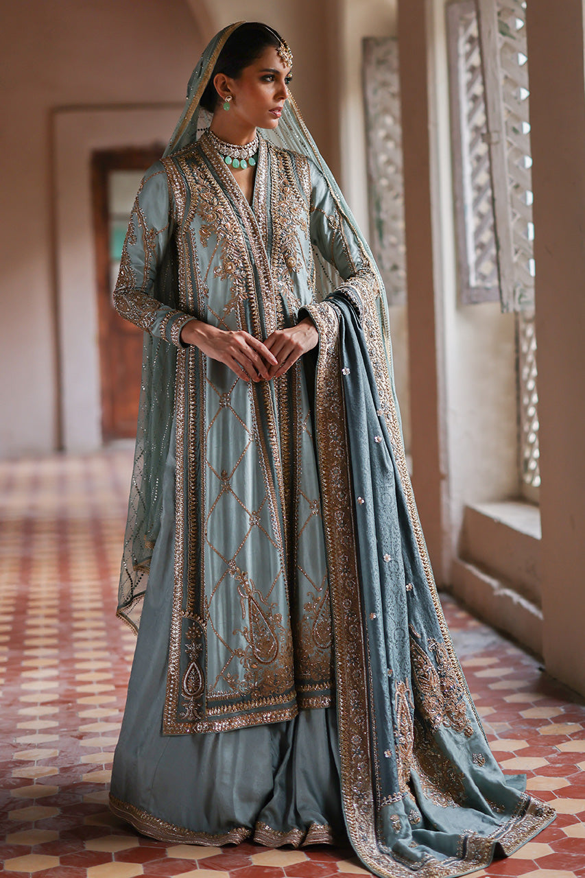 Stone Blue Embroidered Raw Silk Bridal Angrakha (3-Piece) - Image 1