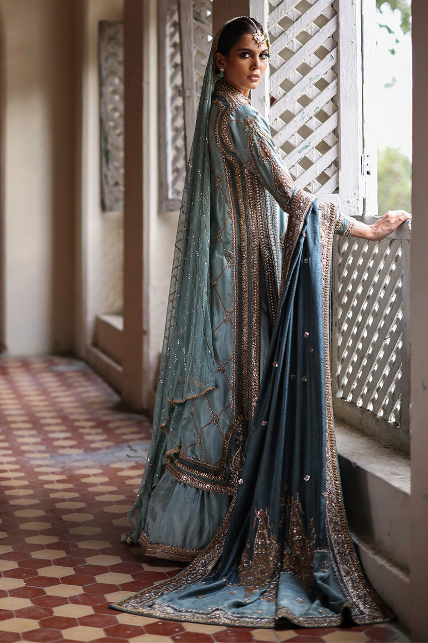 Stone Blue Embroidered Raw Silk Bridal Angrakha (3-Piece) - Image 2